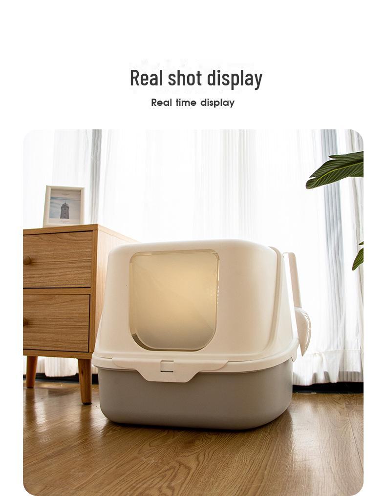 Uzavřená kočičí toaleta s odklápěcím víkem, deodorizační funkcí a lopatkou, odolná proti stříkající vodě a nadměrně velká pro snadné čištění