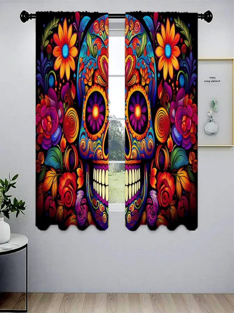 Halloween Skull and Flower Pattern Printed Curtains   Window Decorations   Home Decorations   Room Decorations