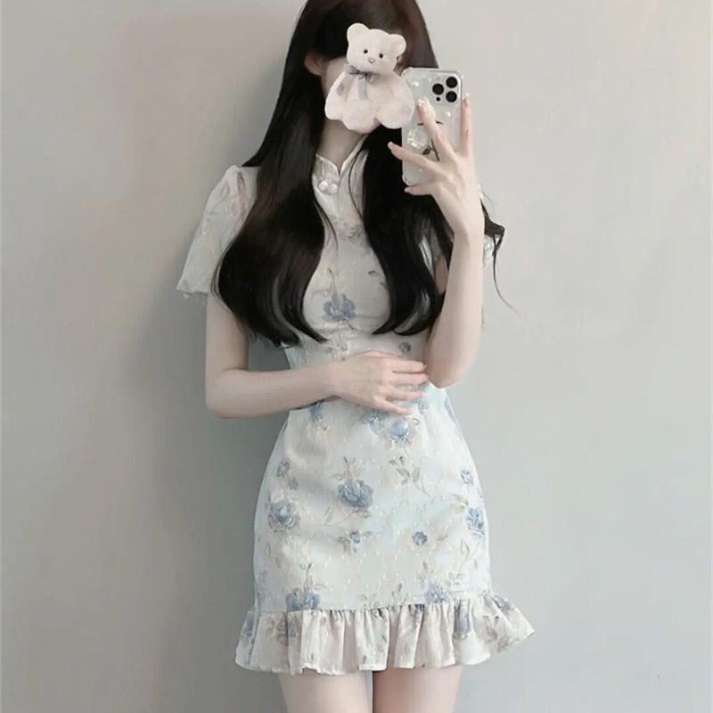 Vylepšená květinová sukně čínského oděvu - Letní čínský styl, Elegantní šaty s definovaným pasem