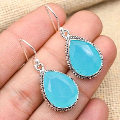 Blue Chalcedony Gemstone Handmade 925 Solid Sterling Silver Jewelry Earrings For Her