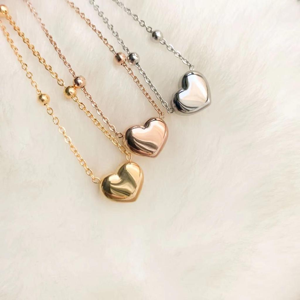 Korean Beaded Heart Clip Necklace: Women's Gold Titanium Steel Ins-Style Clavicle Chain with Stainless Steel Spacer Beads
