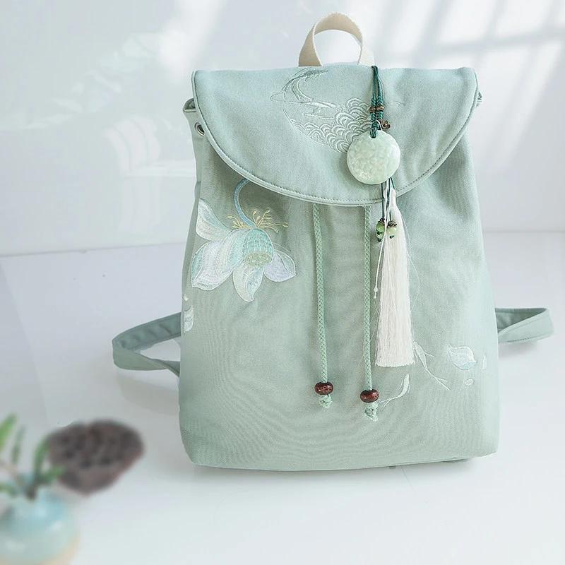 15 Inch Retro Chinese Style Canvas Backpack Handmade Embroidery Hanfu Artistic Zipper Drawstring Laptop Backpack for Women