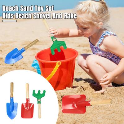 3Pcs/Set Kids Beach Sand Toy Wooden Handle Iron Shovel Rake Spade Toddlers Outdoor Summer Beach Digging Gardening Tools