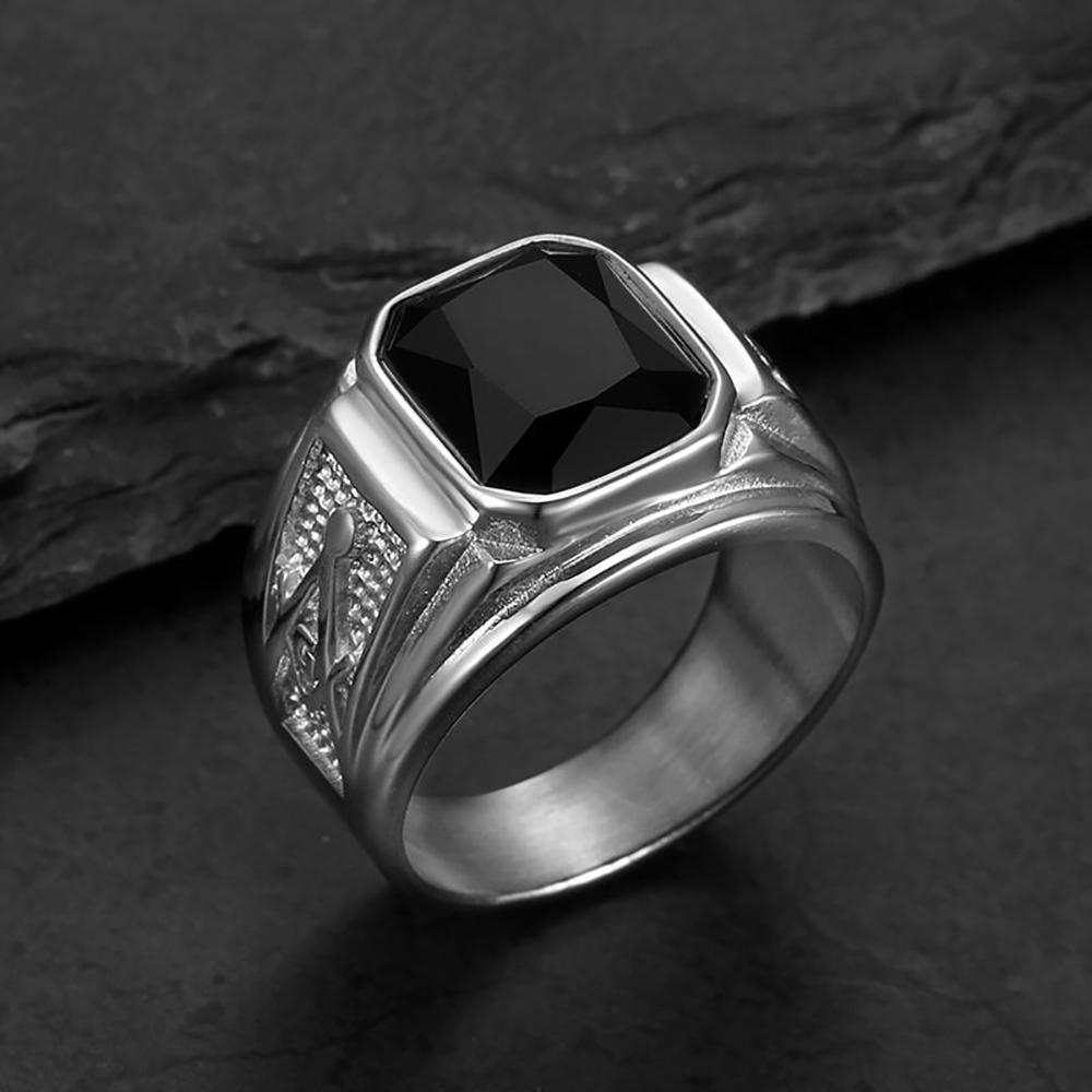 Fashion Vintage Freemason AG Rings for Men Women Hip Hop Punk Rock Gold Color Black Stone Square Ring Wedding Classic Jewelry