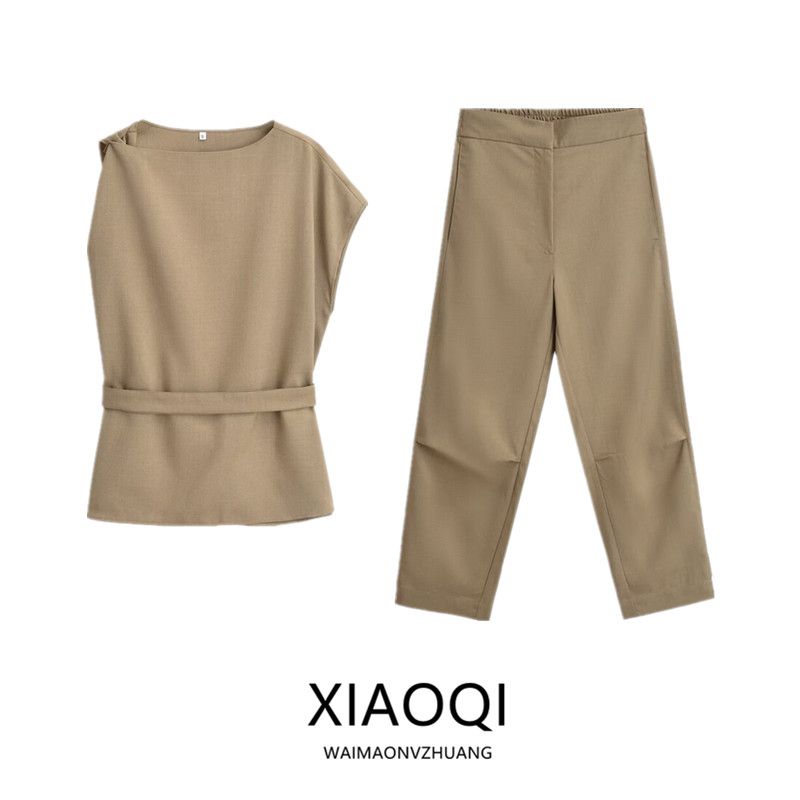 Fashion Style 2024 Summer New Arrival Women's Linen Blended Asymmetric round Neck Tops High Waist Pants 4043051