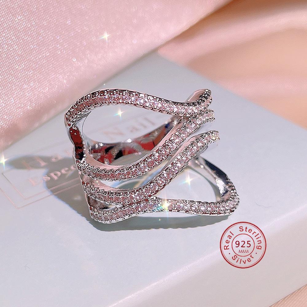Hot Sale 100% Sterling Silver Wave Rings Clear CZ Circle 4 Layer Lucky Rings for Women Bridal Wedding Bijoux Femme