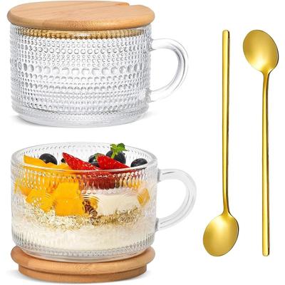 1 Set 370ml Vintage Coffee Mugs, Clear Embossed Glass Breakfast Cups, Overnight Oats Containers with Bamboo Lids and Spoons