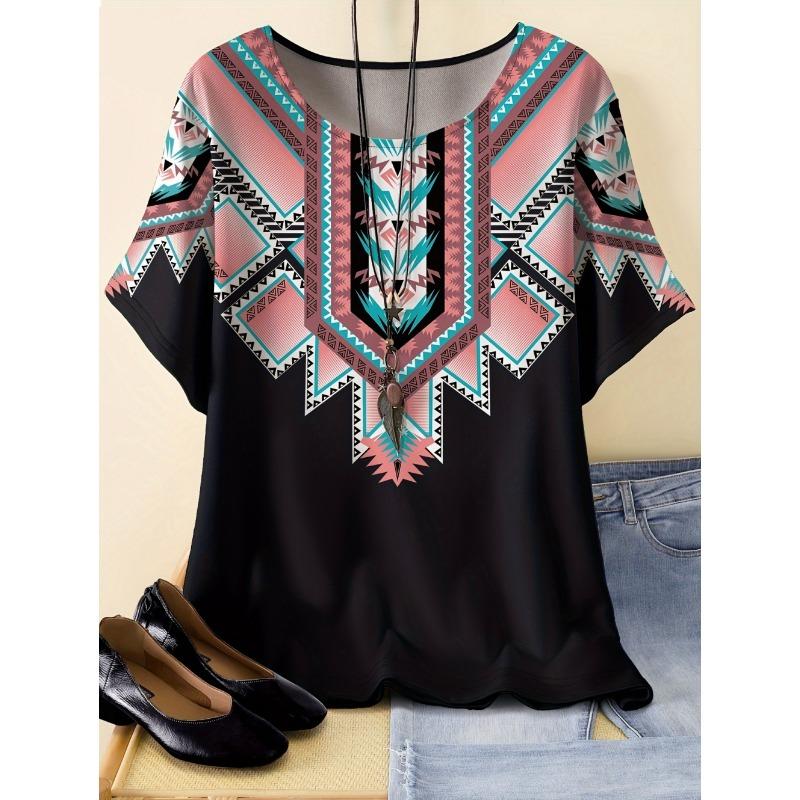 2026 Trend Summer Ethnic Graphic Print T-Shirt Round Neck Comfortable Short Sleeve Tshirt Oversized Tees Tops Women s Clothing S