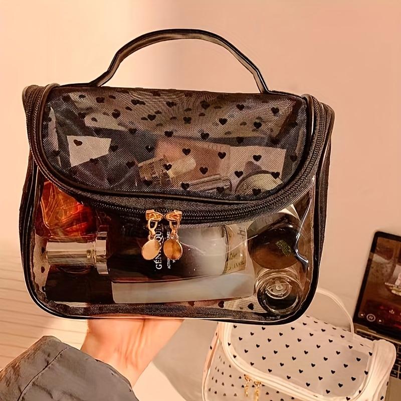 1pc Large Capacity Heart Mesh Makeup Bag Frosted Transparent Cosmetic Toiletry Organizer Travel Pouch for Office Home or Daily