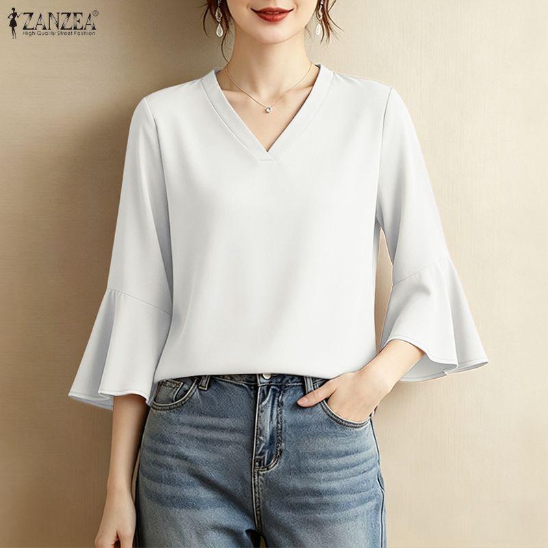 ZANZEA Women Casual V-Neck Solid Color 3/4 Sleeve Loose Blouse