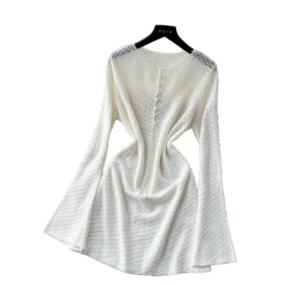 Hollow knitted crew neck dress women's spring and summer wear long sleeves waist A-shaped skirt commuting thin gentle wind
