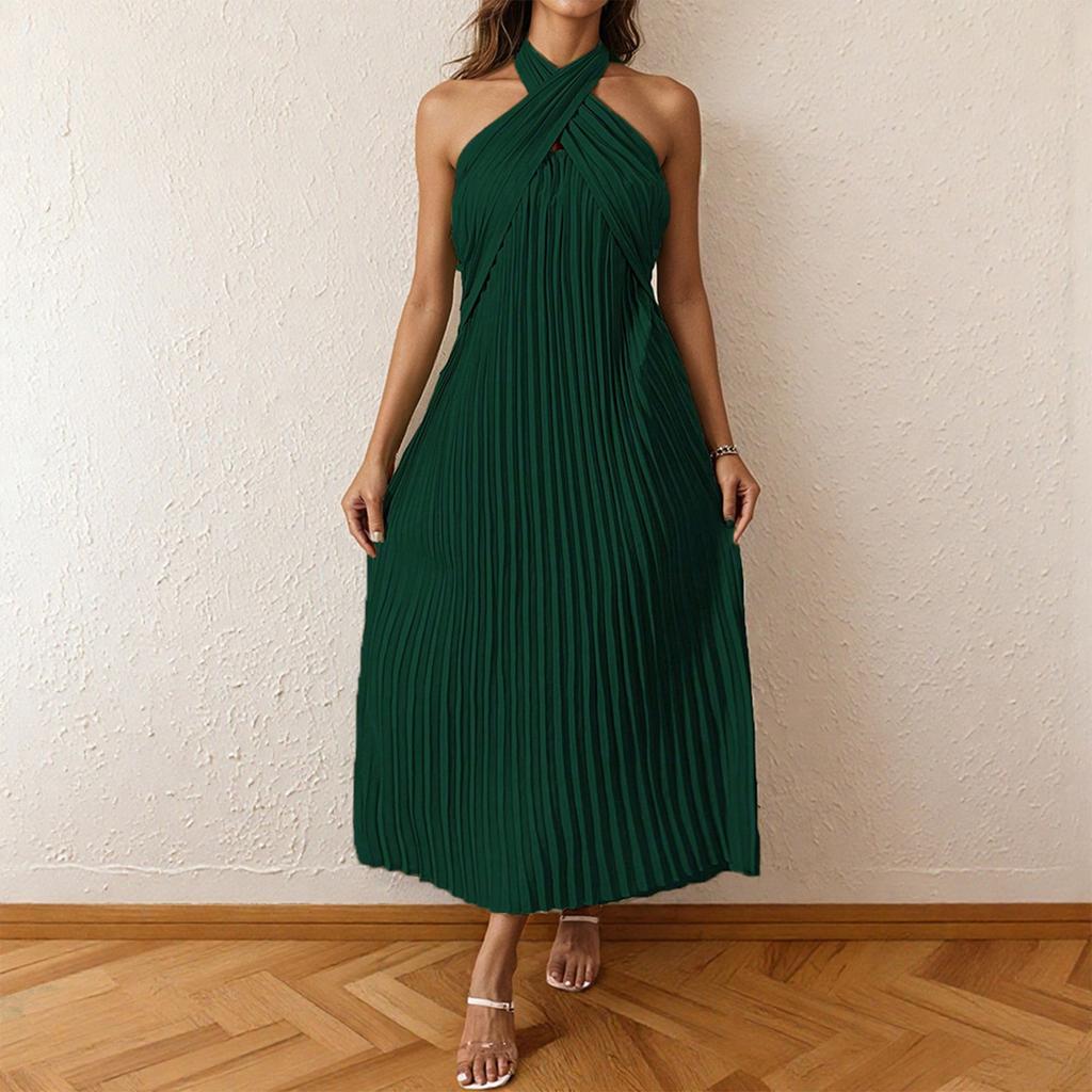 Women's Fashionable Sexy Solid Color Hanging Neck Backless Vacation Sleeveless Pleated Dress