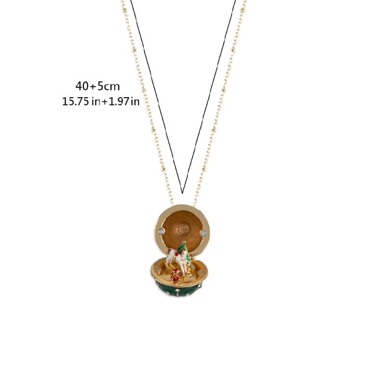Eggs Opening Necklace Adorned By Miniature Person And Rainbow Horse Charm Vintage Copper Gold Coated Adjustable