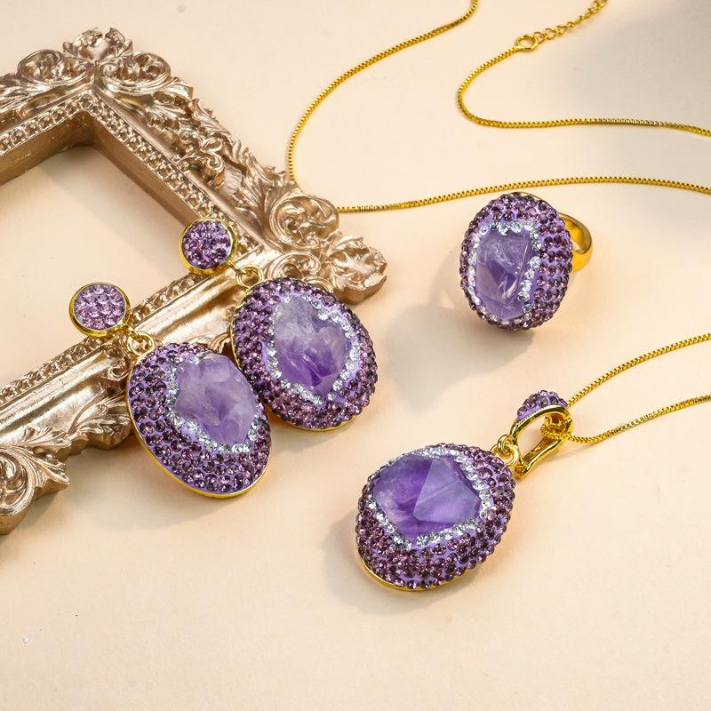 Niche Luxury Brazilian Amethyst Three-Piece Jewelry Set: Raw Stone Earrings, Ring & Necklace for Women