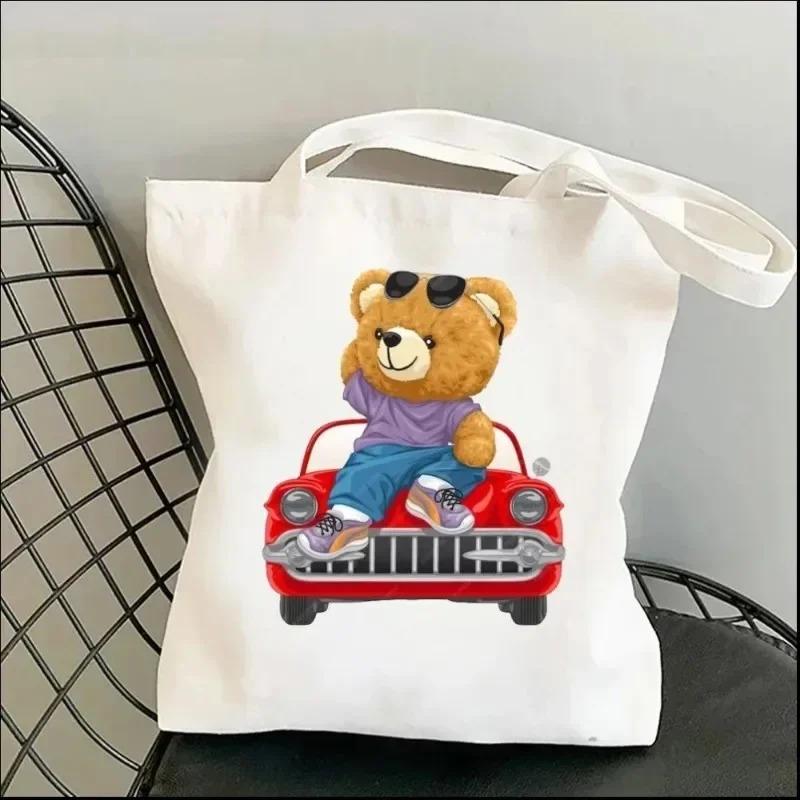 Harajuku Cute Bear Art Shoulder Bags Kawaii Tote Handbag Canvas Girl Environmental Large Capacity Portable Shopping Bag