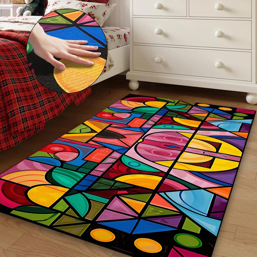 Washable Non-Slip Kids Area Rug for Bedroom Living Room Colorful Geometric Floor Mat Soft Non Shedding Home Decor