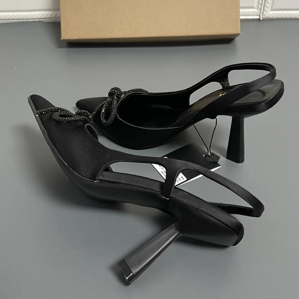 Crystal Women's Mules Sandals for Party Sexy Black New Pointed Bow Back Strap High-heeled Stiletto with Rhinestone Shoes Ladies