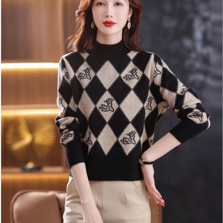 Fall/Winter Vintage Jacquard Sweater Women High Neck Knit Sweater Short Thick Loose Print Knitwear Top Jumper