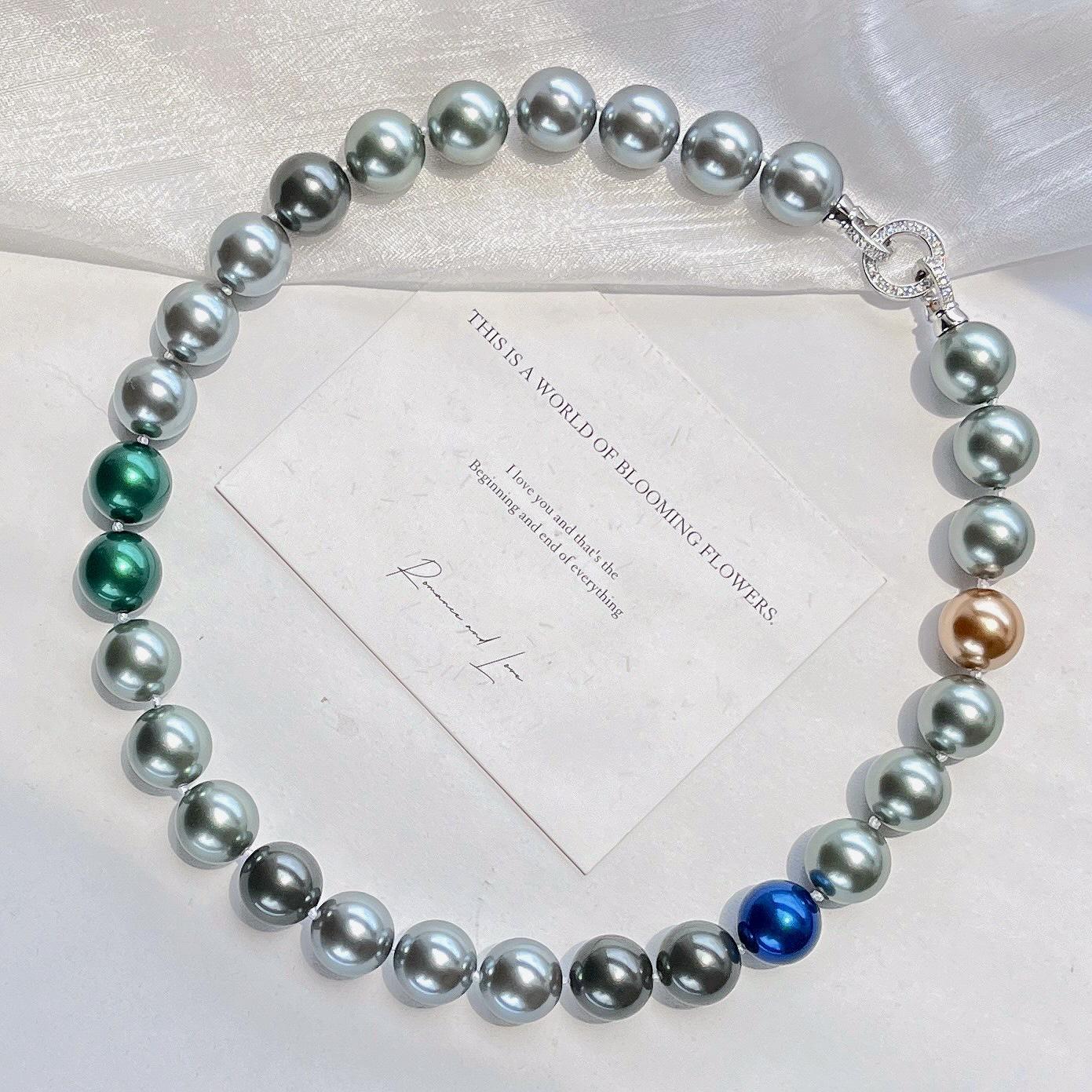 14Mm Haute Couture High Quality Vintage Contrasting Color Morandi Peacock Faux Crystal Pearl Necklace Collarbone Chain