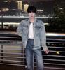 Men's High-End American-Style Denim Jacket: Trendy, Scruffy Cool Hairdresser Vibe with Padded Shoulders and Light Luxury Design.