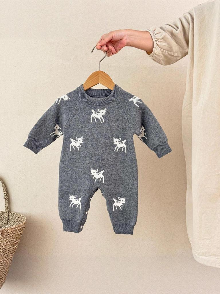 Knitted Jacquard Deer Baby Romper for Autumn & Spring - Unisex First Birthday Outfit