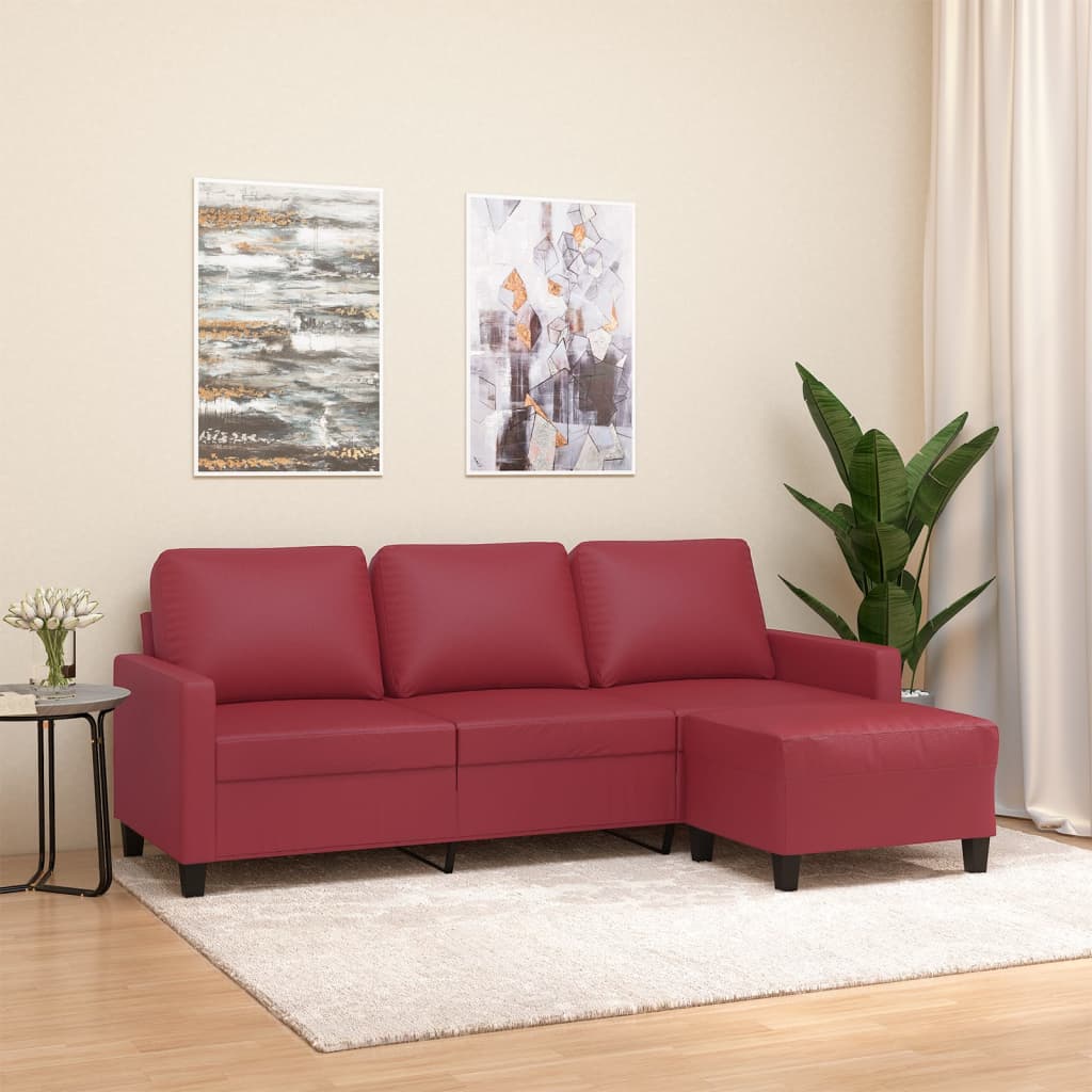 3 Seater Sofa with Ottoman Burgundy 180 cm Faux Leather