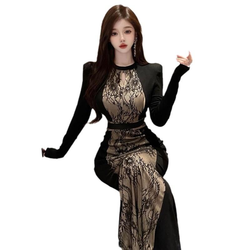 Women's retro printing contrasting color splicing long-sleeved dress tide