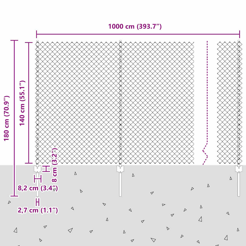 Chain Link Fence with Posts 10 x 1.4 m (W x H) Hot Dip Galvanized Steel