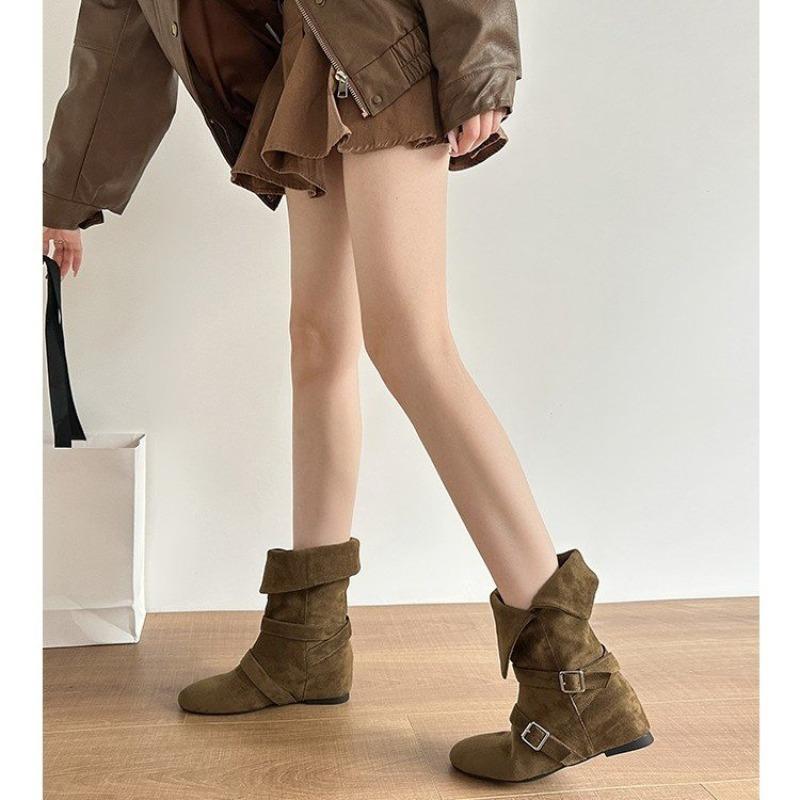 Fashion New Women's Vintage Suede Women Trouser Legs Boots Fashion Belt Buckle Slip On Shoes Autumn Winter Wedges Heel Ladies Long Boots