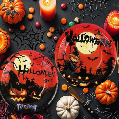 1/2set Disposable Tableware Halloween Theme Party Birthday Decorations Paper Cup Fork Knife 7/9 Inch Paper Tray Spoon Each 10pcs