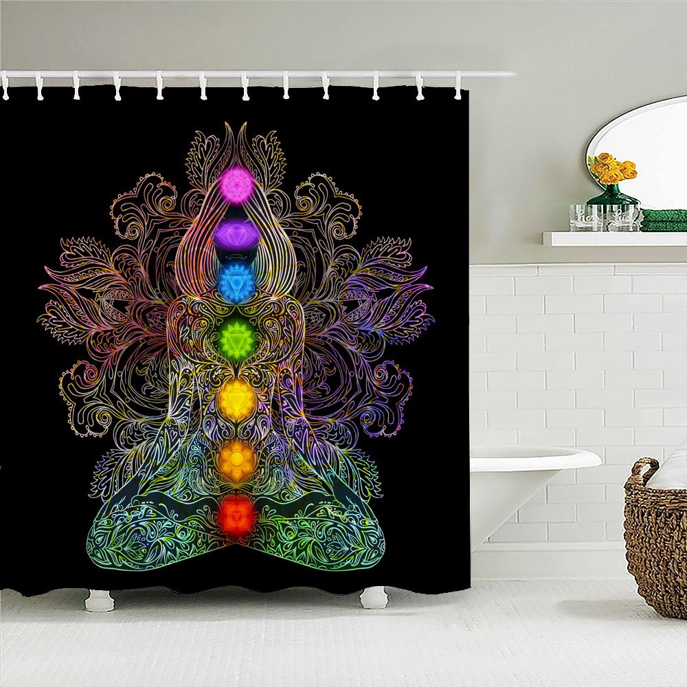 

Meditation Seven Chakra Shower Curtain Bathroom Curtains 3D Printing Indian Buddha Waterproof Polyeste Fabric Bathtub Decor W90xH180cm