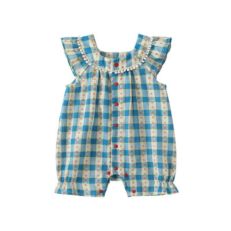 Girls' Korean Style Plaid Flutter Sleeve Summer Romper Jumpsuit