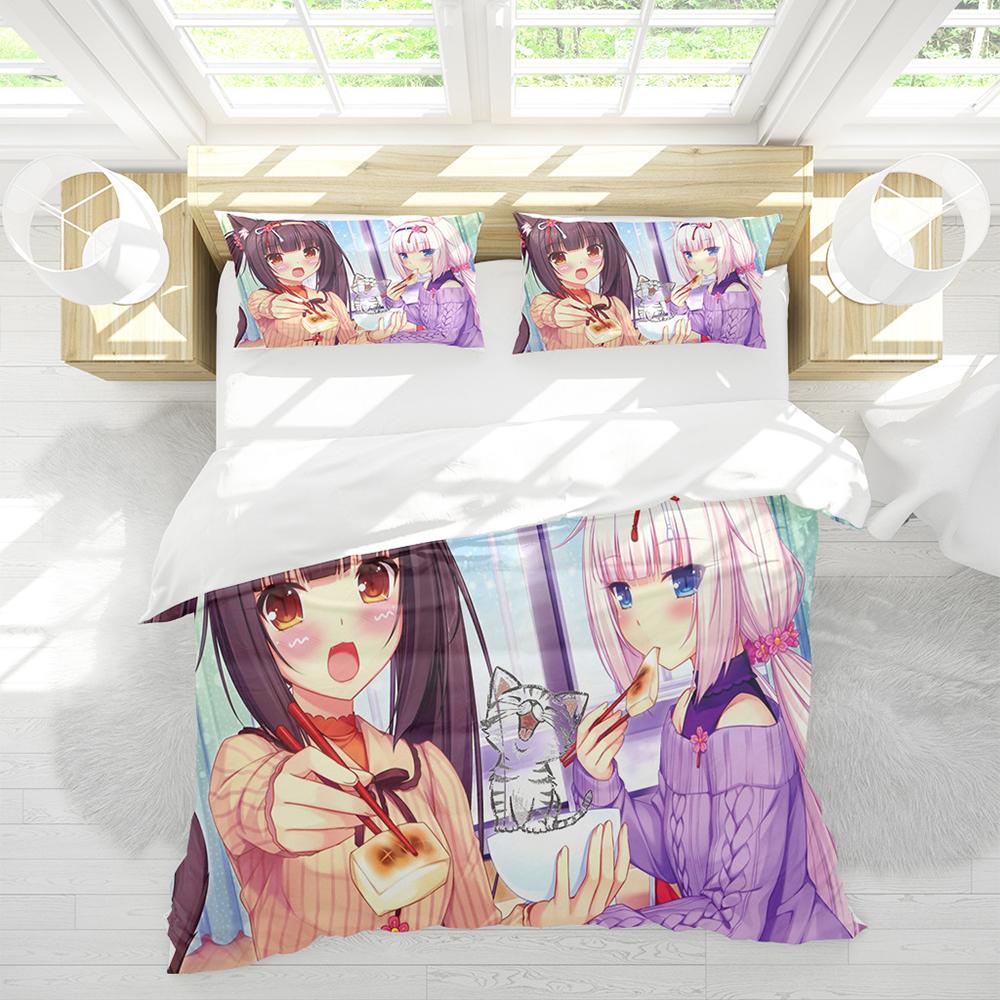 Cute Anime Cat Maid Pattern NEKOPARA 3pcs Bedding Set Game Printing Duvet Cover and Pillowcase Bedroom Decorate for Otaku Teens