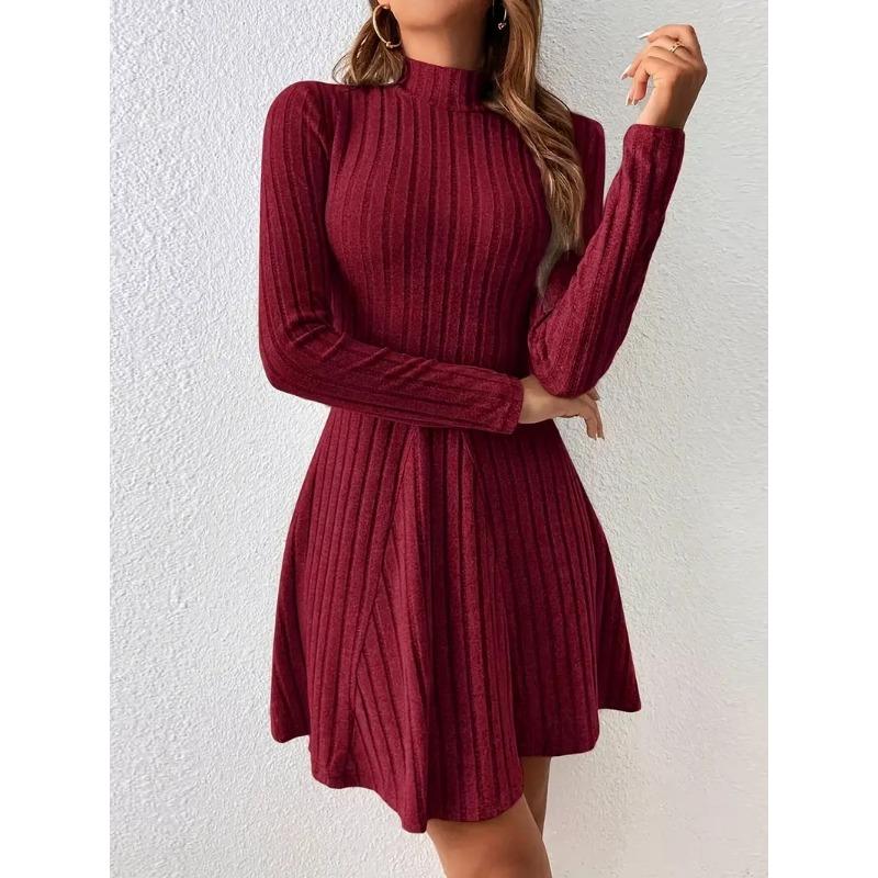 Podzimní a zimní šaty s dlouhým rukávem, polovičním rolákem, áčkového střihu, krátké, slim fit v pase, žebrované, áčkové, společenské šaty, dámské, ležérní, jednoduché oblečení