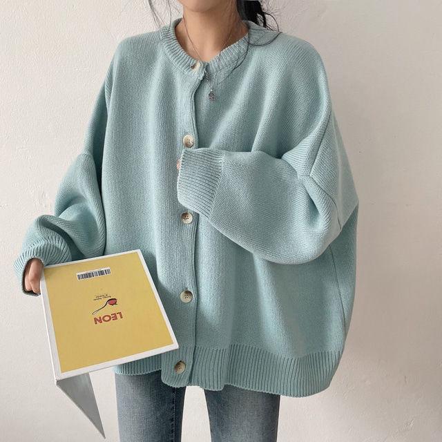 Long Sleeve Loose Knit Cardigan - Women's Versatile Retro Sweater, Round Neck, Lazy Style for Spring & Autumn