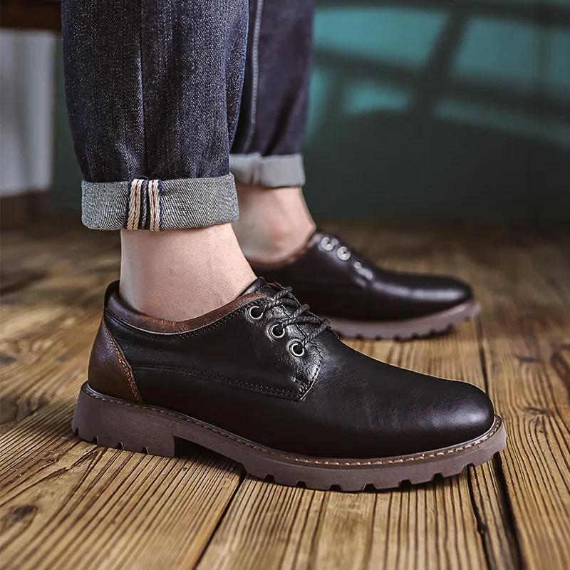 Men's Spring New Fashionable Retro Lace Up Casual Leather Shoes British Style Business Dress Men's Casual Shoes