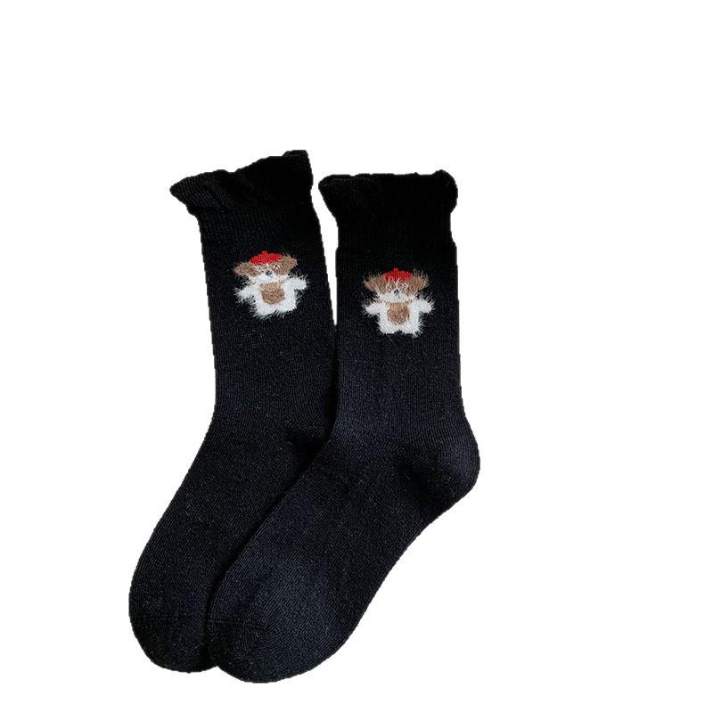 Korean Style Women's Wool Socks: Sweet Bubble Lace, Mid-calf, Cute Cartoon Design, Warm and Versatile for Autumn and Winter