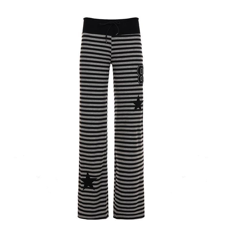 Trendy Y2K Star Embroidered Striped Color Block Loose Pants S чёрный