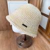 Autumn and winter atmosphere mixed color knitted bucket basin hat women rough crocheting craft metal small label literary style bucket hat
