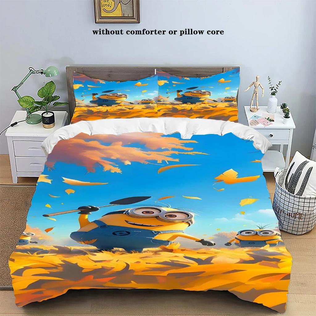 Mini-ons Anime Printed Home Pillowcase Duvet Cover Indoor Bed Comfortable Polyester Three Piece Set Full Size Customizable