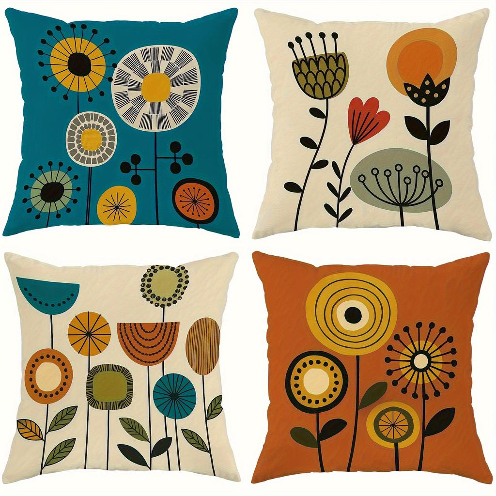 Retro Abstract Floral Pillow Covers Orange Blue Green Cushion Covers Zippered Decorative For Living Room Bedroom Sofa Home Decor