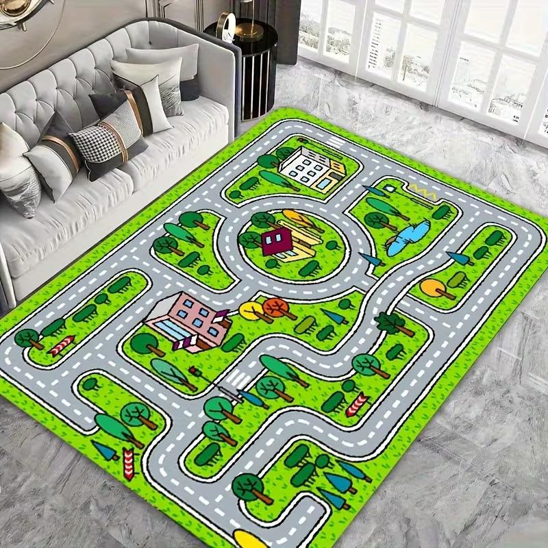 Kids Vibrant Suburban Road Map Play Rug Non Slip Soft Educational Interactive Carpet for Children Bedroom Playroom and Game Area