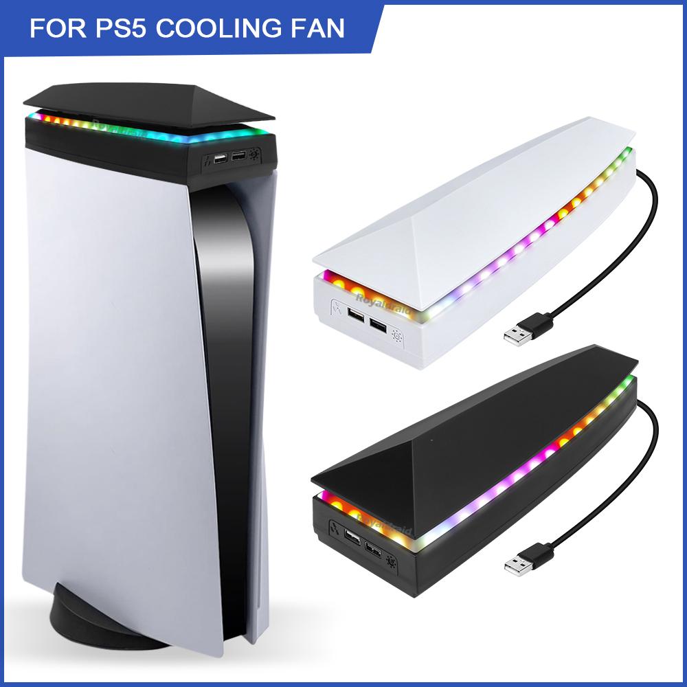 White Upper Cooling Fan Base Game Cooler Stand Bracket with RGB Atmosphere Colorful Lighting LED for PS5 Console with Dust Cover