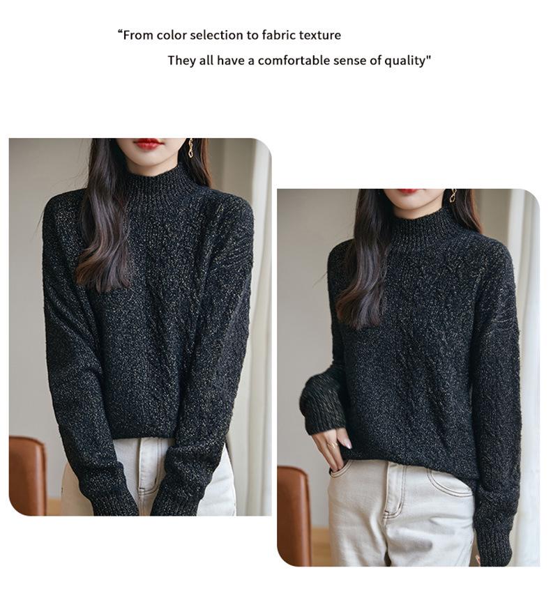 Damen Jacquard Wollpullover mit hohem Kragen, Gold- und Silberfaden - Verdickt, Lockere Passform für Herbst und Winter