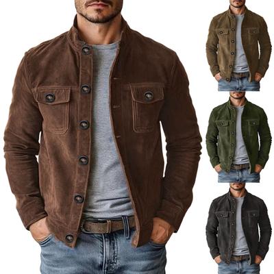 Men's Solid Color Suede Warm Pockets Cardigan Jacket Men's Casual Jacket.