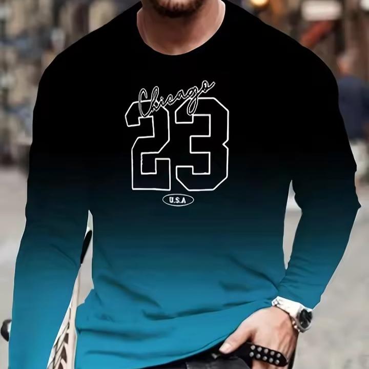 Pánské tričko s dlouhým rukávem s grafickým přechodem, ležérní a sportovní potištěný top s kulatým výstřihem, vhodné pro jaro a podzim