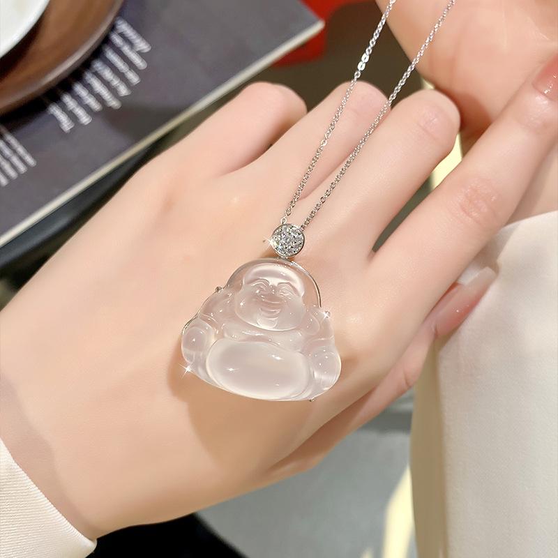 High Ice White Chalcedony Maitreya Buddha Necklace Women's Sterling Silver S925 New Chinese Guochao Buddha Male Clavicle Chain