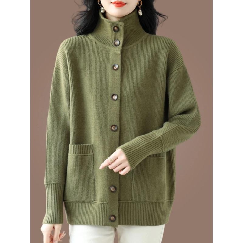 Turtleneck Knitted Sweater Cardigan for Women Autumn and Winter Fashion New Style Lapel Outer Solid Color Versatile Jacket