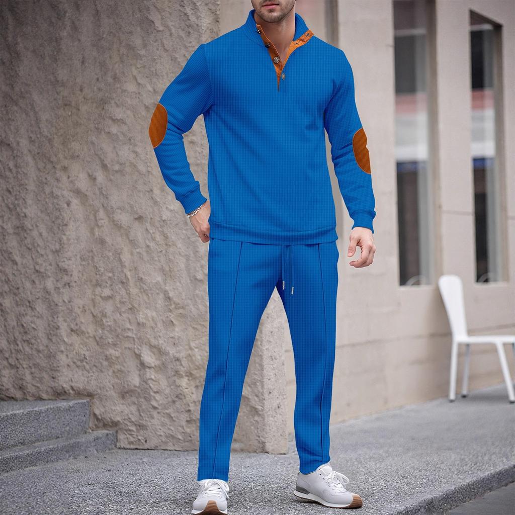 Men'S Stand Up Collar Button Casual Long Sleeved Shirt Long Pants Sports Suit