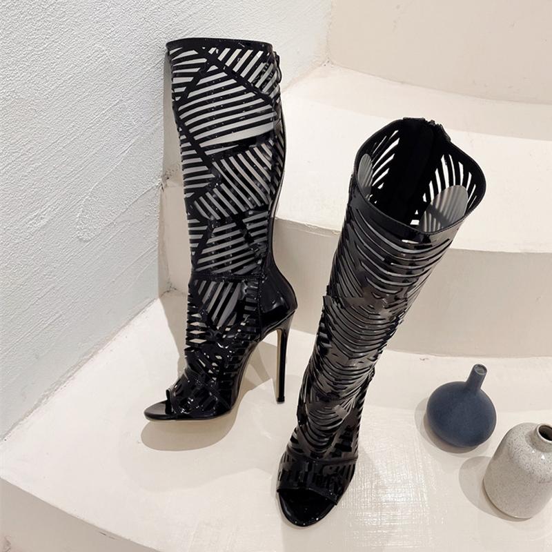 Fashion Liyke Summer Sexy Hollow Out Knee High Boots Sandals Women Solid Black Peep Toe Stiletto Heels Fashion After Zip Long Shoes Lady